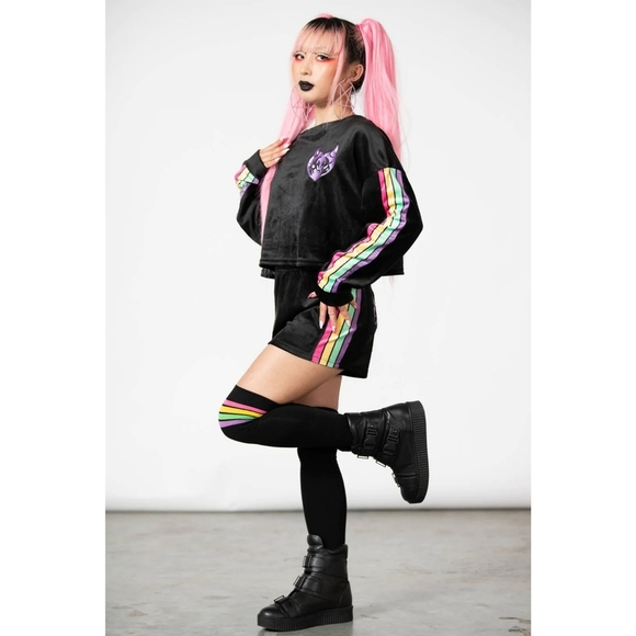 Killstar Mellow Velour Sweatshirt–Black Cropped Batwing Fit Pastel Sleeve Stripe - Picture 2 of 3